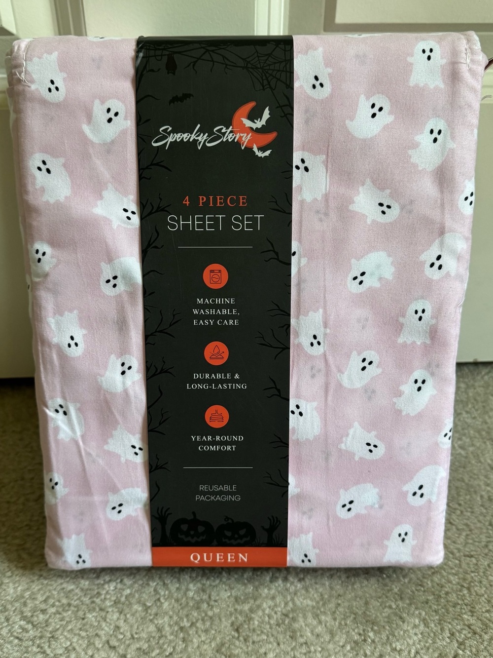 Spooky Story Queen 4-Piece Bed Sheet Set Pink Ghost Halloween Print New Bedding